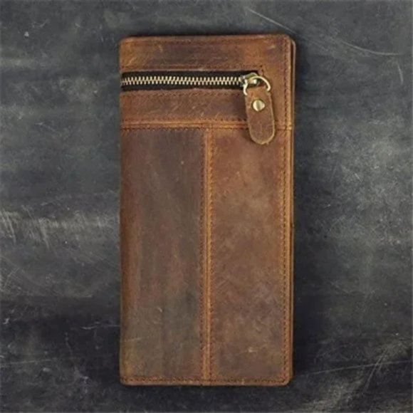 NEW MENS Real Leather Zipper Long Wallet Brown - Picture 1 of 8